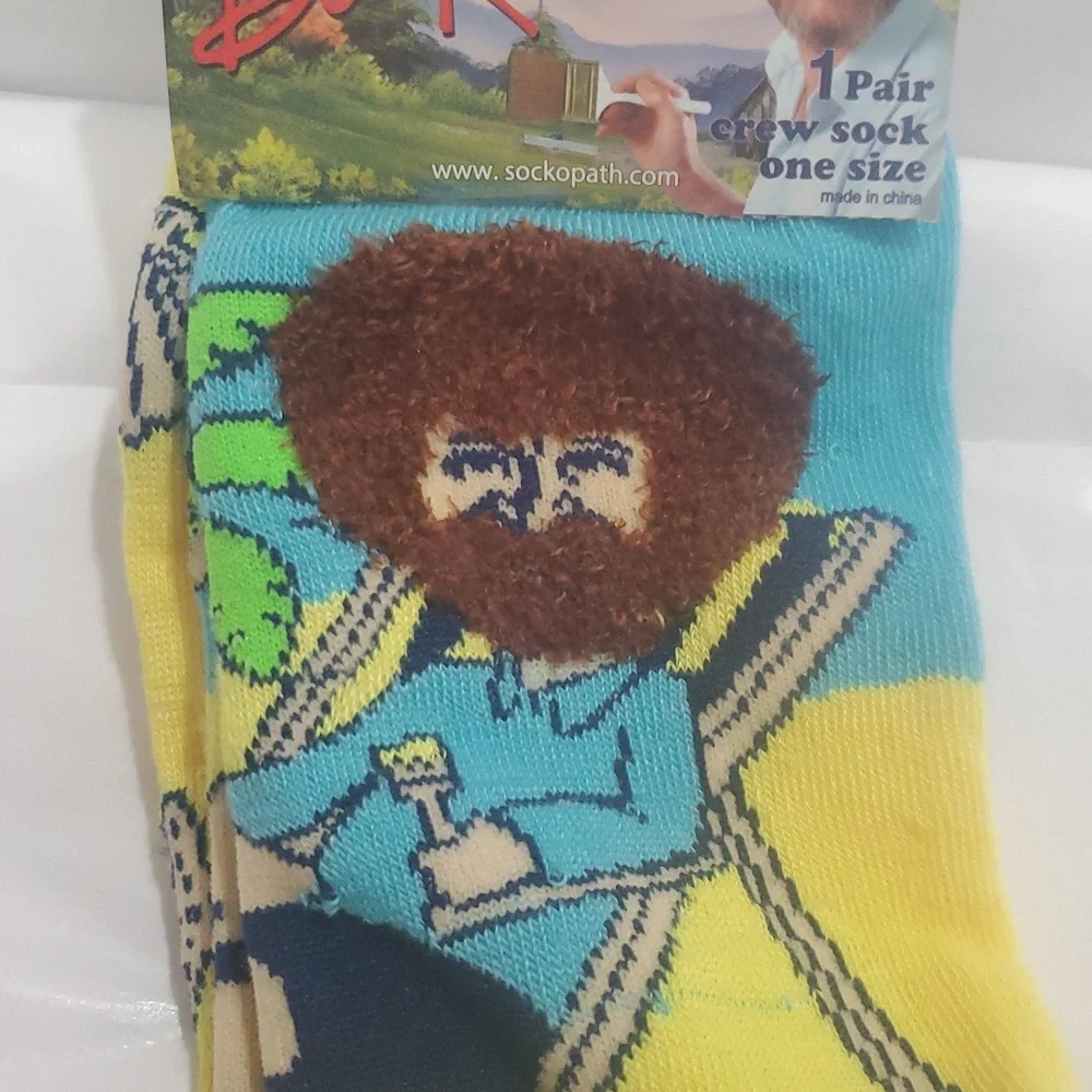 Bob Ross The Joy of Painting unisex yellow blue‎ crew socks new